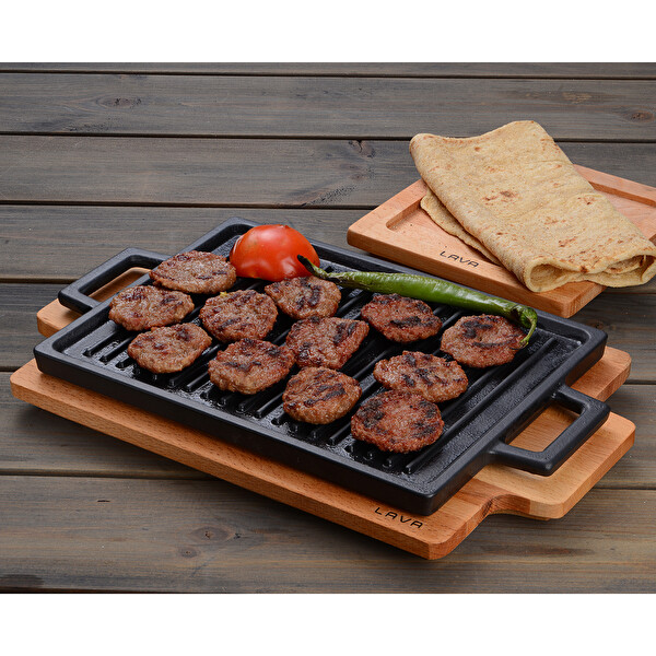 Lava Döküm Demir 22x30 CM Yekpare Kulplu Dikdörtgen Çift Yön Izgara Hot Plate Kayın Servis Ahşabı LV ECO HP 2230 T13 K4