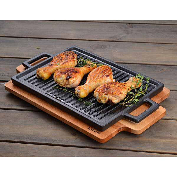 Lava Döküm Demir 22x30 CM Yekpare Kulplu Dikdörtgen Çift Yön Izgara Hot Plate Kayın Servis Ahşabı LV ECO HP 2230 T13 K4
