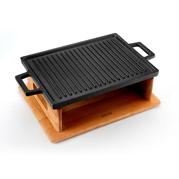 Lava Döküm Demir 22x30 CM Yekpare Kulp Dikdörtgen Çift Yön Izgara Hot Plate Kayın Servis Ahşabı LV ECO HP 2230 T13 K44
