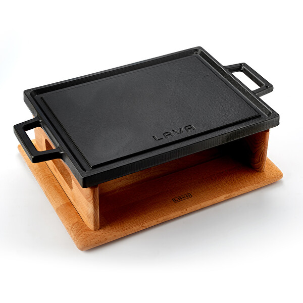Lava Döküm Demir 22x30 CM Yekpare Kulp Dikdörtgen Çift Yön Izgara Hot Plate Kayın Servis Ahşabı LV ECO HP 2230 T13 K44