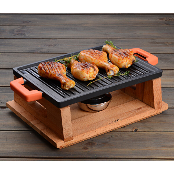Lava Döküm Demir 22x30 CM Yekpare Kulp Dikdörtgen Çift Yön Izgara Hot Plate Kayın Servis Ahşabı LV ECO HP 2230 T13 K44