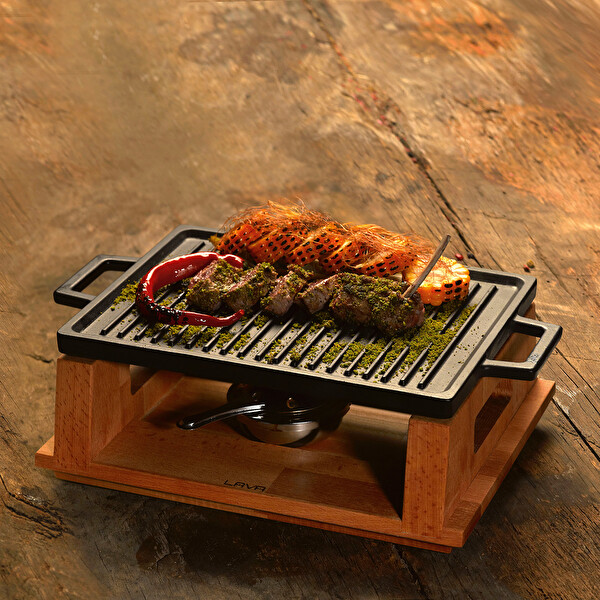 Lava Döküm Demir 22x30 CM Yekpare Kulp Dikdörtgen Çift Yön Izgara Hot Plate Kayın Servis Ahşabı LV ECO HP 2230 T13 K44