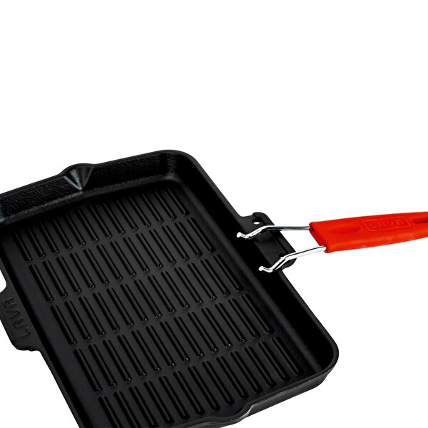 Lava 21x36 CM Silikon Tel Saplı Döküm Dikdörtgen Sığ Kırmızı Izgara Tavası LV ECO GT 2136 T23-1 R