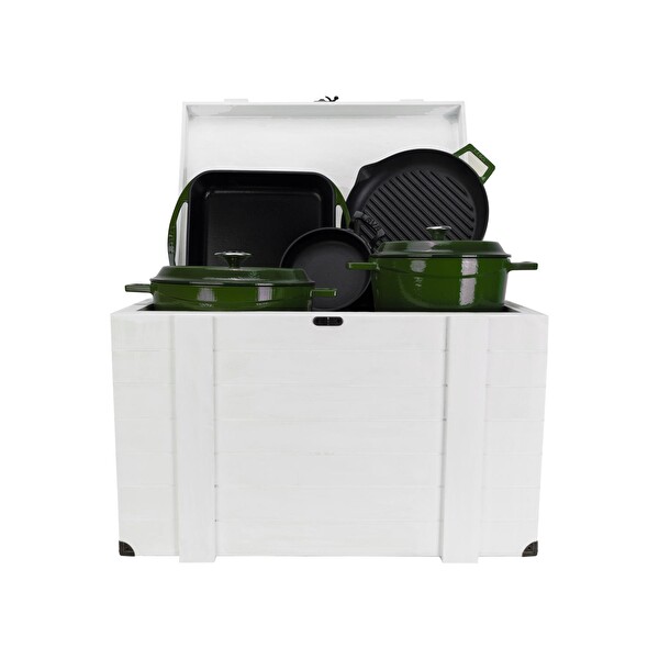 Lava Döküm Beyaz Ahşap Sandık Hediyeli Yeşil Çeyiz Seti LV S ET CYZ G-W