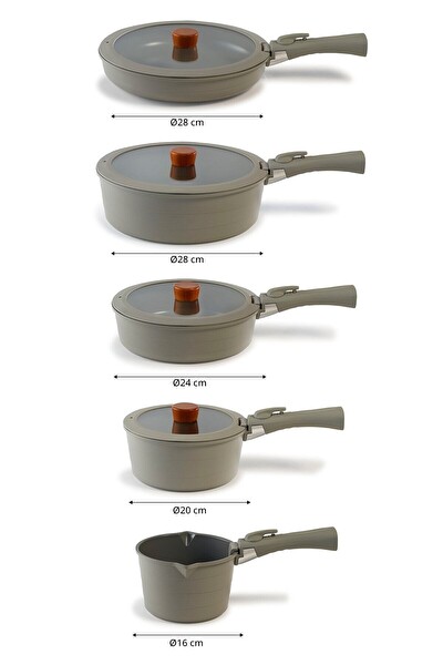 Neoflam Midas 11 Parça Ayrılabilen Saplı İç İçe Geçebilen Gri Tencere Tava Seti 04.157.32.24