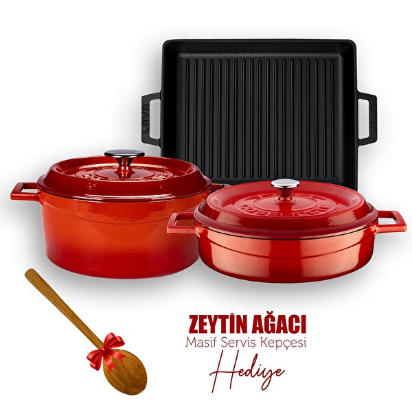 Lava Trendy Serisi 6X Döküm Demir Tencere-Tava Kırmızı Çeyiz Seti LV S ET K41 R