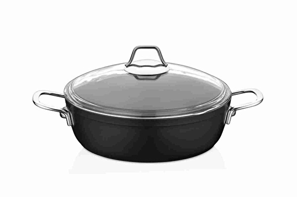 Amboss Dark Cam Kapaklı Yanmaz Yapışmaz Titanyum Kaplama 24 CM Granit Basık Tencere