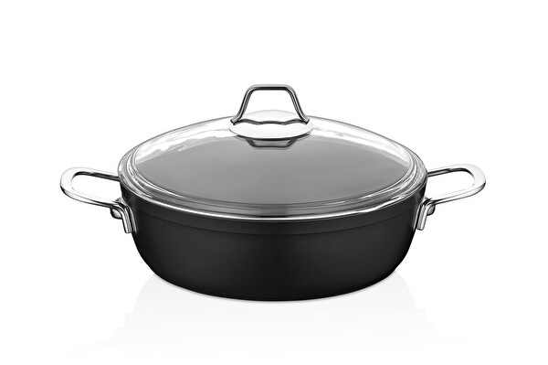 Amboss Dark 26 CM Cam Kapaklı Yanmaz Yapışmaz Titanyum Kaplama Granit Basık Tencere