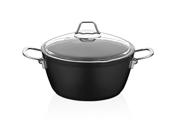 Amboss Dark 24 CM Cam Kapaklı Yanmaz Yapışmaz Titanyum Kaplama Granit Derin Tencere