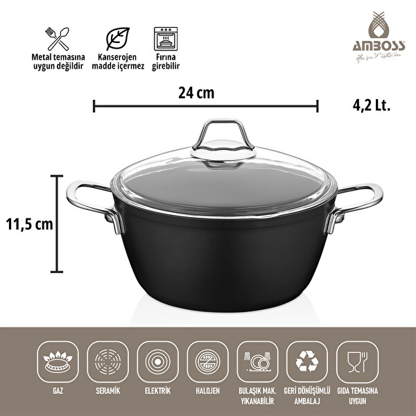 Amboss Dark 24 CM Cam Kapaklı Yanmaz Yapışmaz Titanyum Kaplama Granit Derin Tencere