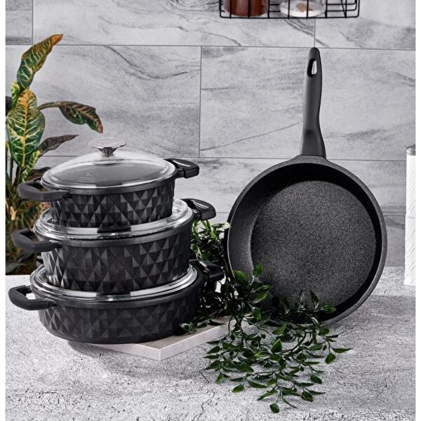 Taç Carabella Döküm Cam Kapaklı 7 Parça Siyah Tencere Seti TAC-3817