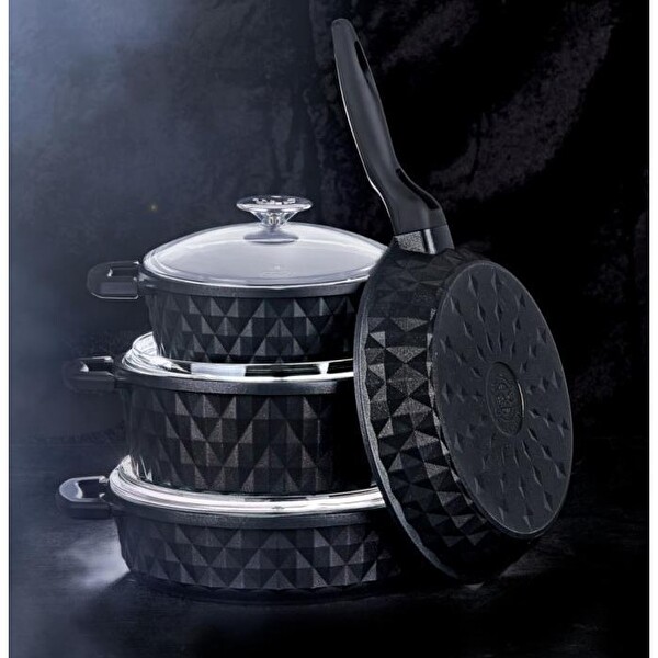 Taç Carabella Döküm Cam Kapaklı 7 Parça Siyah Tencere Seti TAC-3817