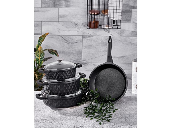 Taç Carabella Döküm Cam Kapaklı 7 Parça Siyah Tencere Seti TAC-3817