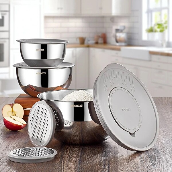 Amboss Satin 9 Parça Çok Amaçlı Paslanmaz Çelik Gri Kase ve Rende Seti SAT-8002