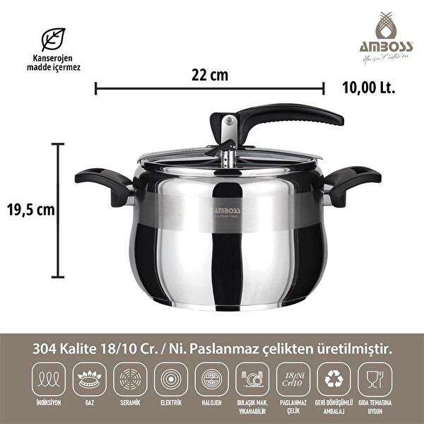 Amboss Amber 10 L Paslanmaz Çelik Bakalit Sap Siyah Klasik Düdüklü Tencere AMB-4523
