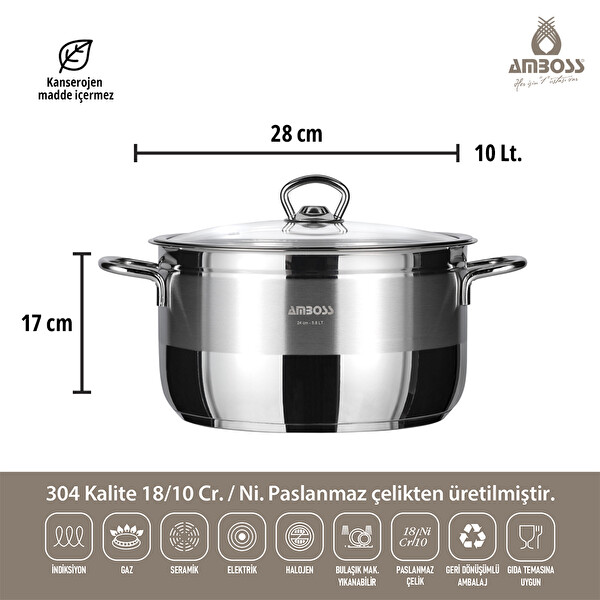 Amboss Saphire Paslanmaz Çelik 28 CM Cam Kapaklı Derin Tencere