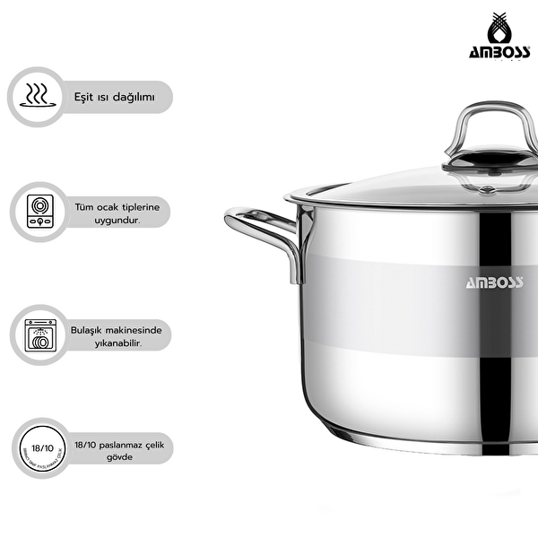 Amboss Saphire Paslanmaz Çelik 20 CM Cam Kapaklı Derin Tencere