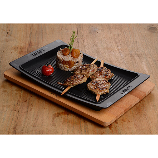 Lava Döküm 36x24 CM Dikdörtgen Servis Tabağı ve Kayın Servis Ahşabı LV ECO ST 3624 K4