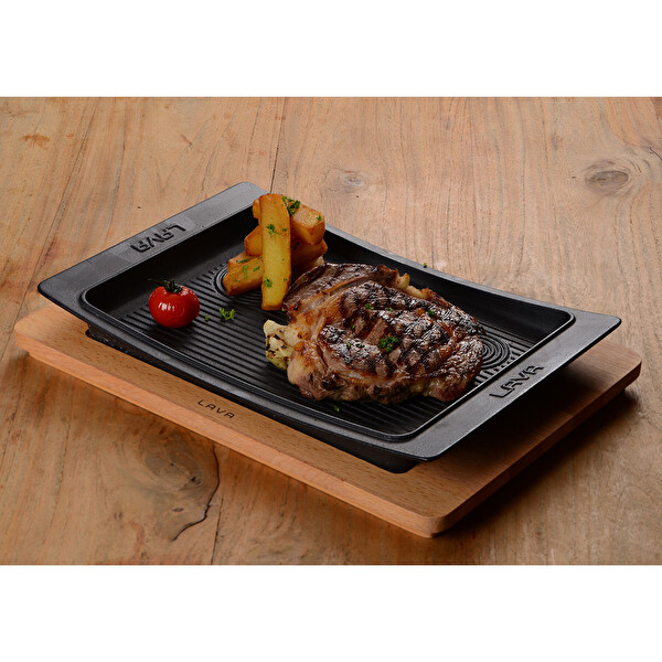 Lava Döküm 36x24 CM Dikdörtgen Servis Tabağı ve Kayın Servis Ahşabı LV ECO ST 3624 K4