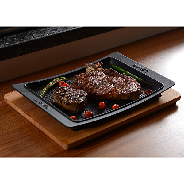 Lava Döküm 36x24 CM Dikdörtgen Servis Tabağı ve Kayın Servis Ahşabı LV ECO ST 3624 K4