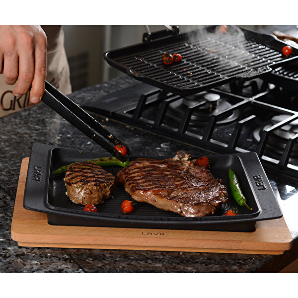 Lava Döküm 36x24 CM Dikdörtgen Servis Tabağı ve Kayın Servis Ahşabı LV ECO ST 3624 K4