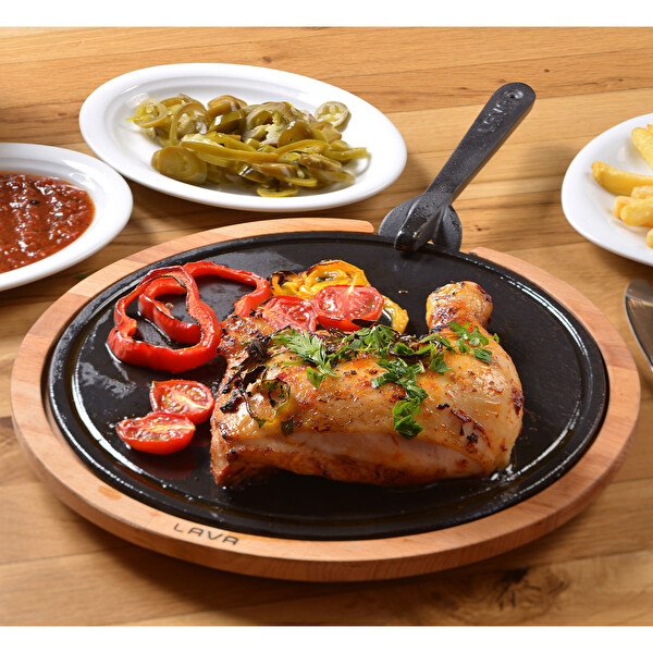 Lava Döküm 26 CM Ahşap ve Döküm Demir Hot Plate Servis Tahtası LV HRC HP 26 AS 260 IR