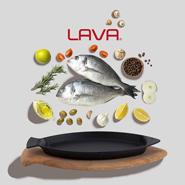 Lava Döküm 15x24 CM Yekpare Kulplu Demir Balık Tabağı ve Kayın Servis Ahşabı LV ECO BT 1524 T8 K4