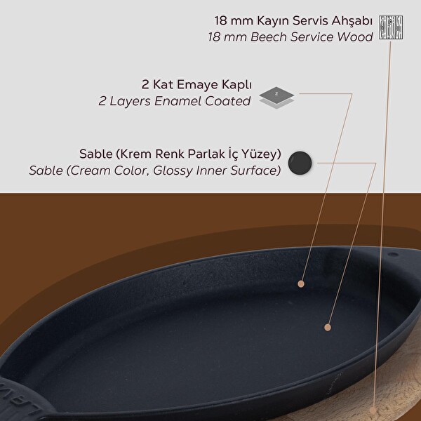 Lava Döküm 15x24 CM Yekpare Kulplu Demir Balık Tabağı ve Kayın Servis Ahşabı LV ECO BT 1524 T8 K4