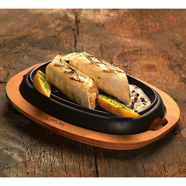 Lava Döküm 26x19 CM Oval Fajita Tabağı ve Kayın Servis Ahşabı LV ECO HP 2619 T13 K4