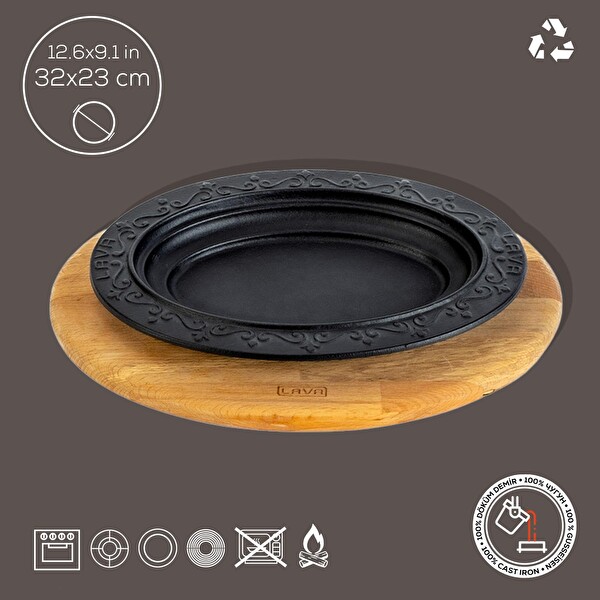 Lava Döküm 32x23 CM Oval Döner - Kebap Tabağı ve Kayın Servis Ahşabı LV ECO O DNR 3223 K4