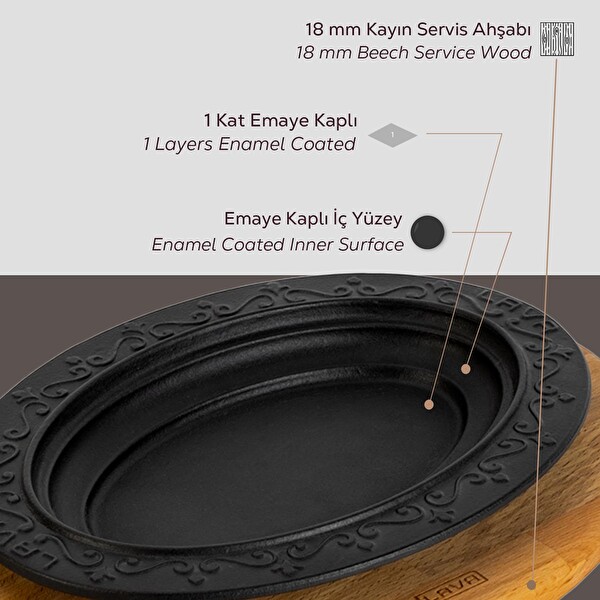 Lava Döküm 32x23 CM Oval Döner - Kebap Tabağı ve Kayın Servis Ahşabı LV ECO O DNR 3223 K4