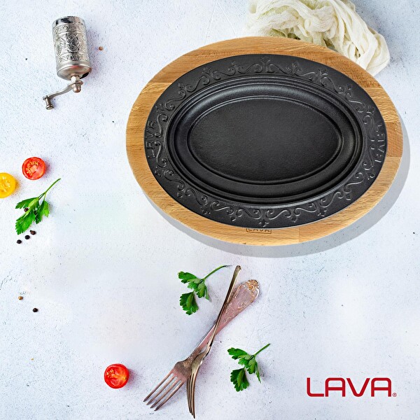 Lava Döküm 32x23 CM Oval Döner - Kebap Tabağı ve Kayın Servis Ahşabı LV ECO O DNR 3223 K4