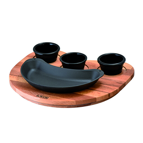 Lava Döküm 10x20 CM Böbrek Formlu Fajita Tabağı ve Kayın Servis Ahşabı LV ECO FT 1020 T12 K4