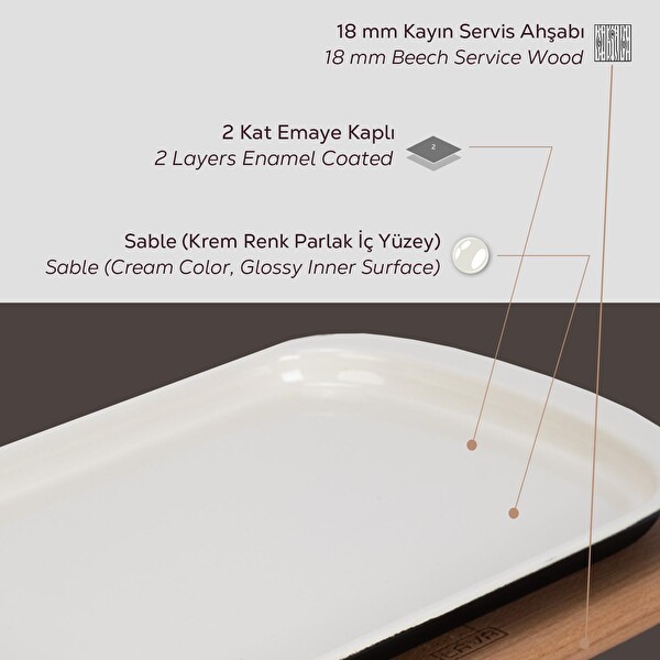 Lava 32x20 CM Döküm Dikdörtgen Servis Tabağı ve Kayın Servis Ahşabı