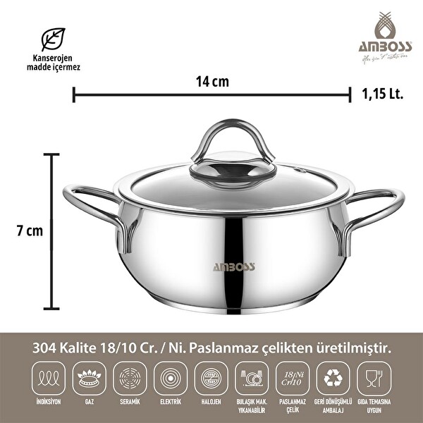 Amboss 7 Parça Grand Paslanmaz Çelik Tüm Ocaklara Uygun Tencere ve Çaydanlık Seti