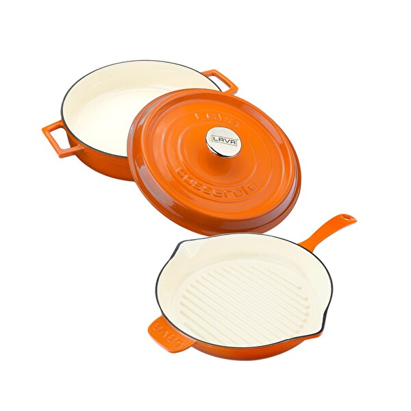 Lava Döküm 2X Edition Serisi Özel Koleksiyon Döküm Demir Tencere ve Tava Seti Turuncu LV LES 30 K2 1-O