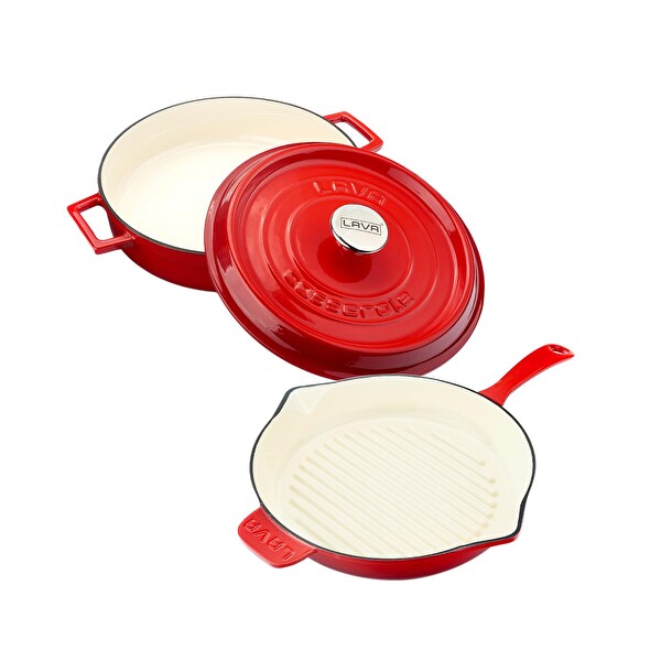 Lava Döküm 2X Edition Serisi Özel Koleksiyon Döküm Demir Tencere ve Tava Seti Kırmızı LV LES 30 K2 1-R
