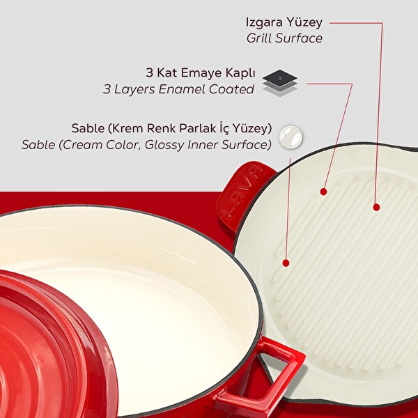 Lava Döküm 2X Edition Serisi Özel Koleksiyon Döküm Demir Tencere ve Tava Seti Kırmızı LV LES 30 K2 1-R