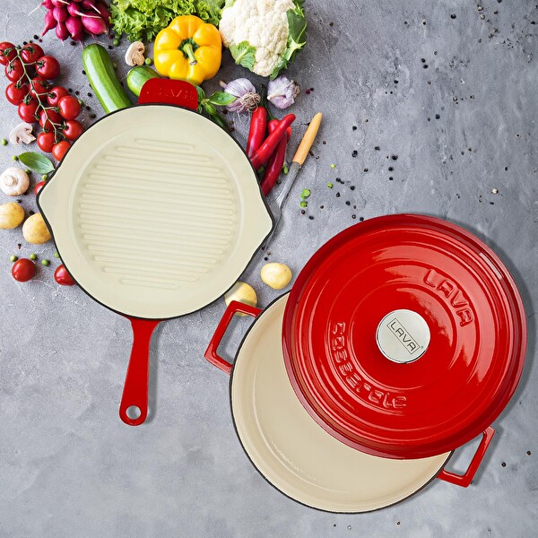 Lava Döküm 2X Edition Serisi Özel Koleksiyon Döküm Demir Tencere ve Tava Seti Kırmızı LV LES 30 K2 1-R