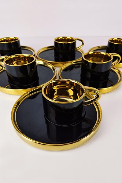 DigitHome Kosova Porselen 2 Kişilik Yaldızlı Kahve Fincan Takımı Siyah - İST-85 C320.049