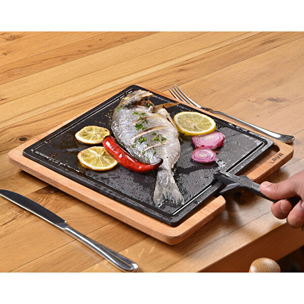Lava Döküm Ahşap ve Döküm Demir Hot Plate Servis Tahtası 25x25 CM