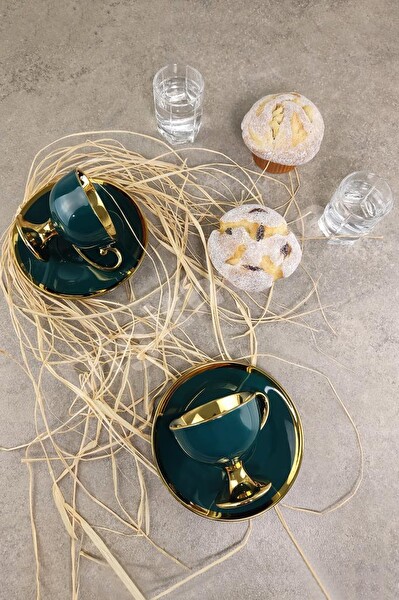 DigitHome Porselen 2 Kişilik Yaldızlı Kahve Fincan Takımı Yeşil - İST-63 C320.049