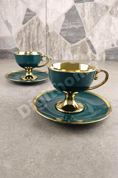 DigitHome Porselen 2 Kişilik Yaldızlı Kahve Fincan Takımı Yeşil - İST-63 C320.049