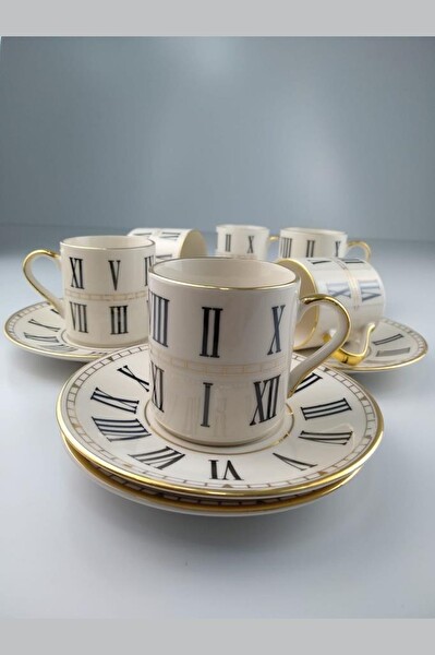 DigitHome Lombardino Porselen 6'lı Roma Rakamlı Kahve Fincan Takımı - SF125 3072