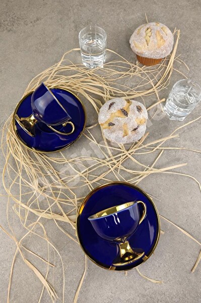 DigitHome Porselen 2 Kişilik Yaldızlı Kahve Fincan Takımı Lacivert - İST-63 C320.049