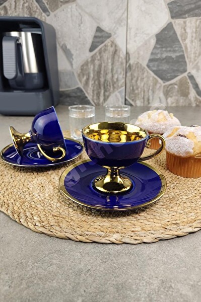 DigitHome Porselen 2 Kişilik Yaldızlı Kahve Fincan Takımı Lacivert - İST-63 C320.049