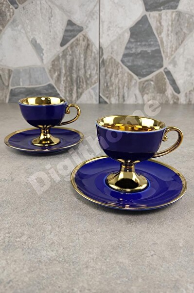 DigitHome Porselen 2 Kişilik Yaldızlı Kahve Fincan Takımı Lacivert - İST-63 C320.049