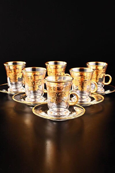 DigitHome Gawa Tea Glass Set of 6 Handles 18 Parça Cam Çay Bardak Seti Takımı Gold Yaldızlı - C320.004