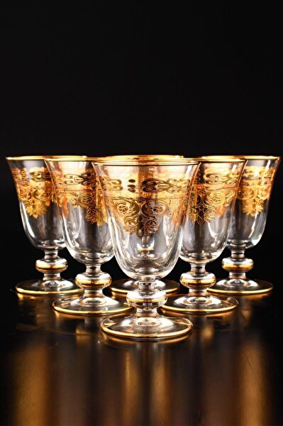 DigitHome Buket 6’lı Ayaklı Cam Meşrubat Bardak Seti Takımı Gold Yaldızlı - 44469 C320.004