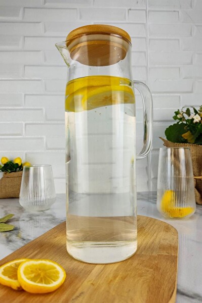 DigitHome Bambu Kapaklı Buzdolabı Kapak Rafı Uyumlu Borosilikat İnce Cam Sürahi 1.5 L – 097KX90086 C320.003